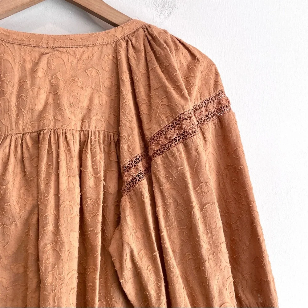 By Anthropologie Harmony Button Down Front Crochet Inset Puff Sleeve Top